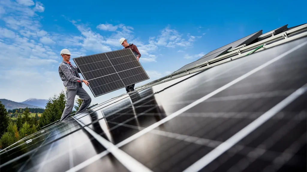 Deux hommes techniciens installent des panneaux solaires photovoltaïques sur le toit d'une maison