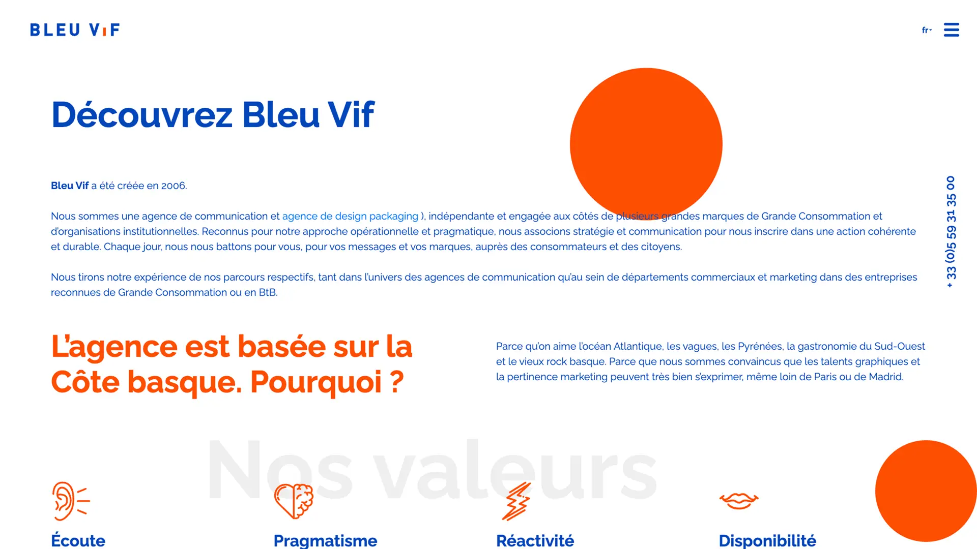 Page de présentation de l'agence de communication Bleu Vif