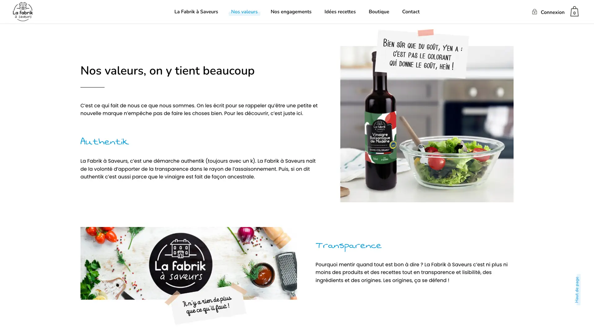 Page du site internet La Fabrik à Saveurs présente les valeurs de la marque