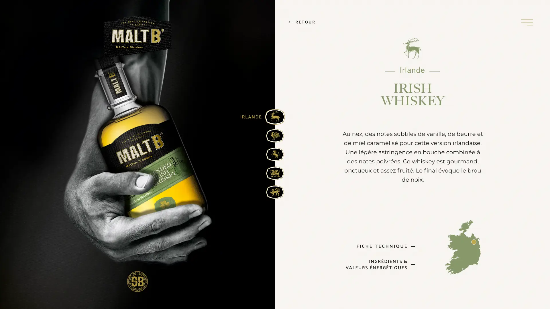 Page de présentation du whisky d'Irlande du site vitrine Malt'B