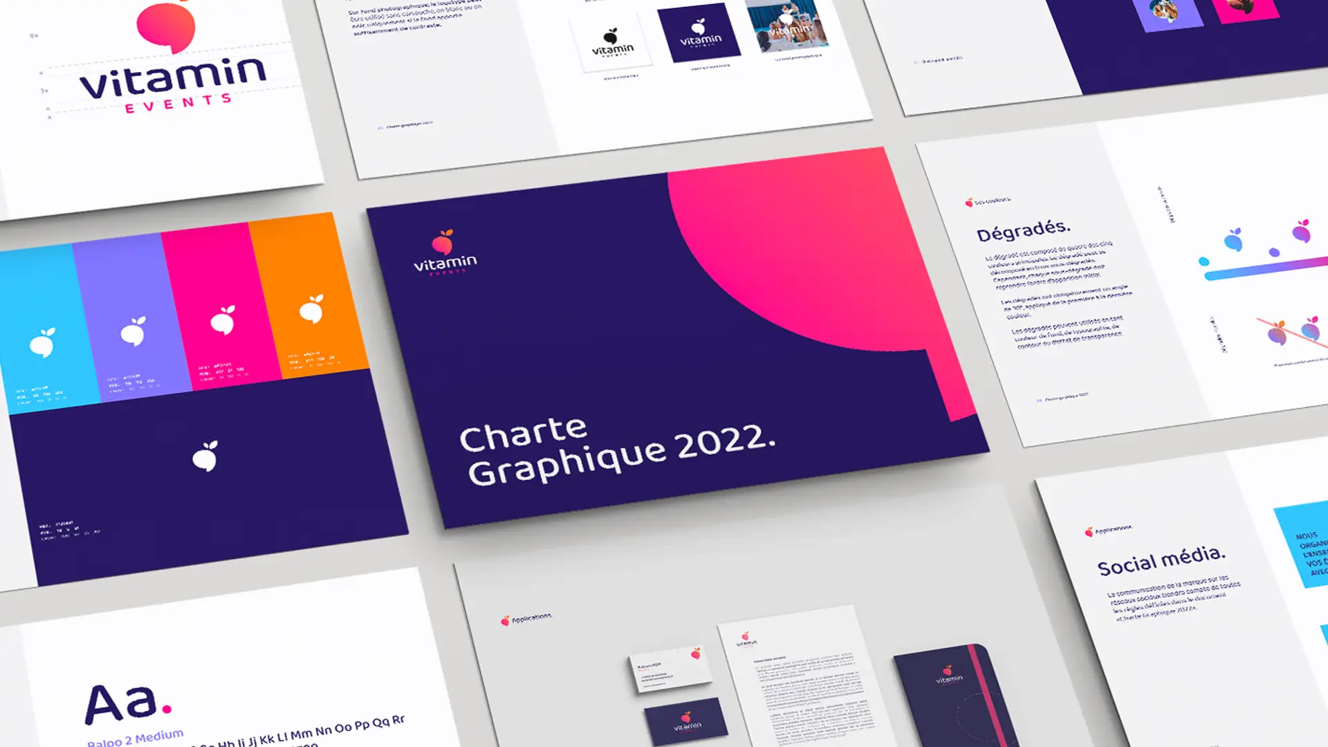 Plusieurs pages de la charte graphique conçue pour l'agence Vitamin Events