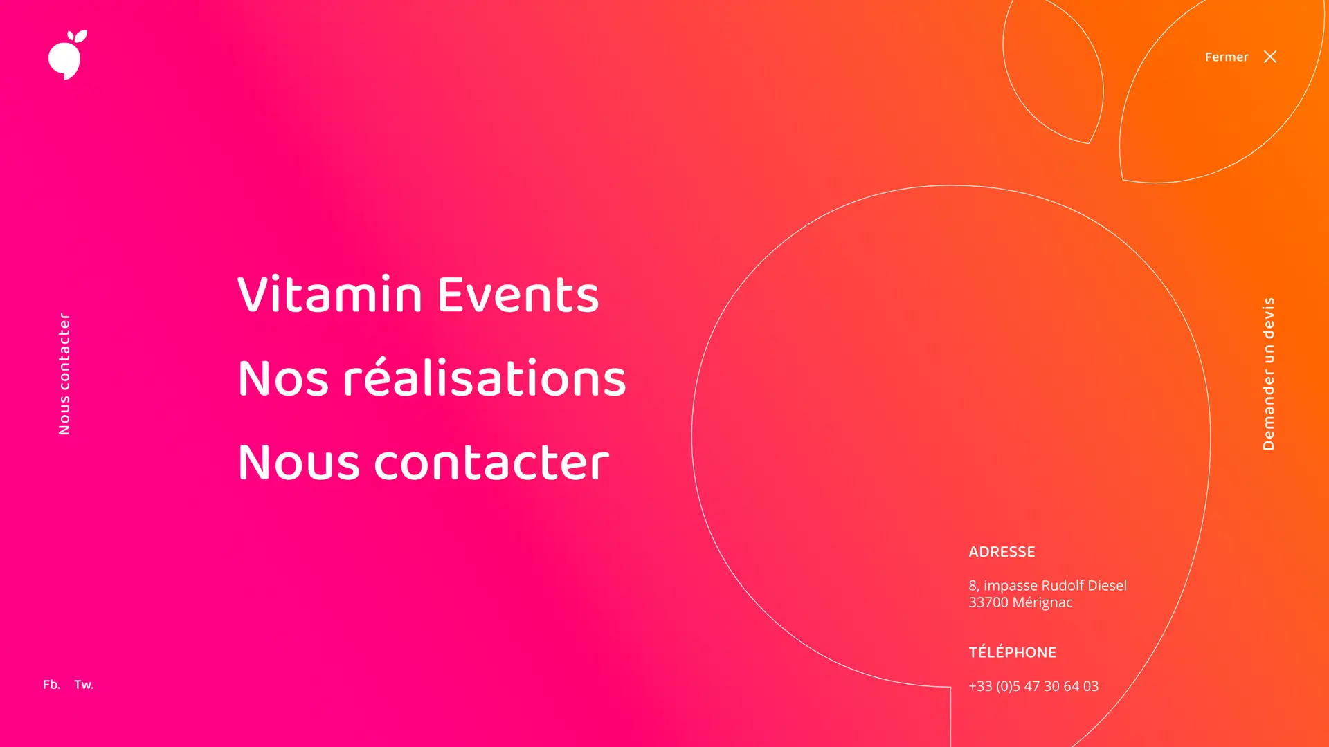 Page popup du menu du site Vitamin Events