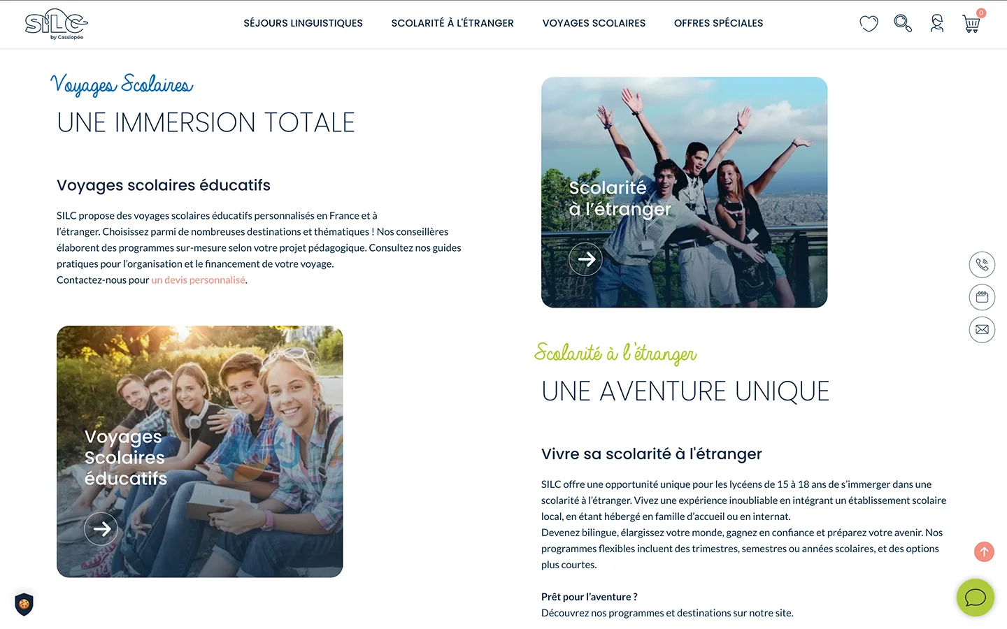Écran du site Silc présentant les profils d'utilisateurs de séjours linguistiques