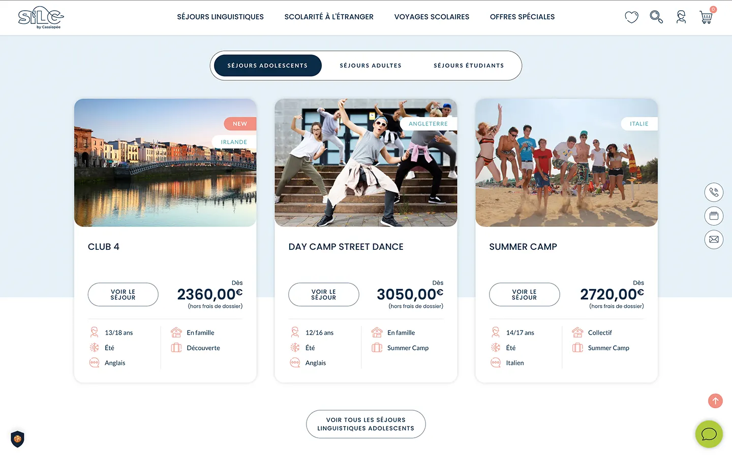 Écran du site Silc présentant les 3 destinations de séjours linguistiques pour adolescents